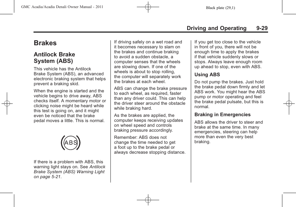 Brakes, Antilock brake system (abs), Antilock brake | System (abs) -29, General | GMC 2011 Acadia User Manual | Page 301 / 478