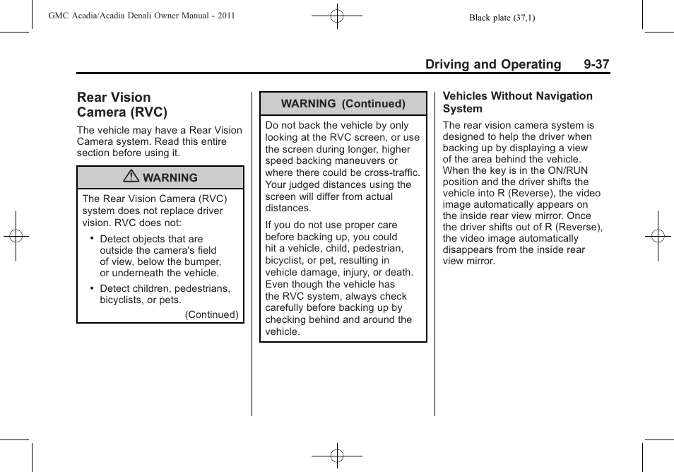 Rear vision camera (rvc), Rear vision, Camera (rvc) -37 | GMC 2011 Acadia User Manual | Page 309 / 478