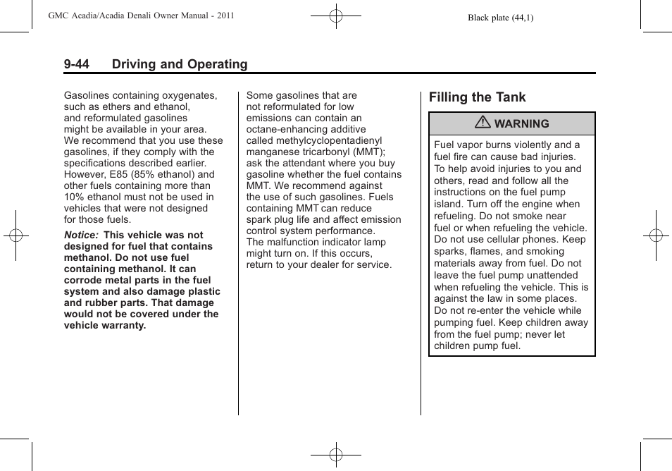 Filling the tank, Filling the tank -44 | GMC 2011 Acadia User Manual | Page 316 / 478