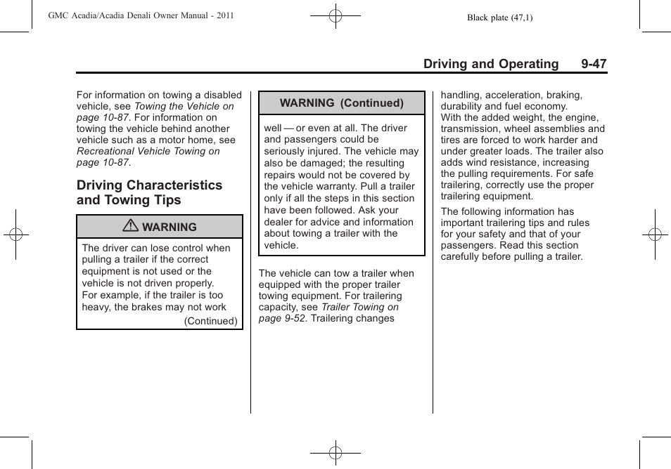 Driving characteristics and towing tips, Driving characteristics and, Towing tips -47 | GMC 2011 Acadia User Manual | Page 319 / 478