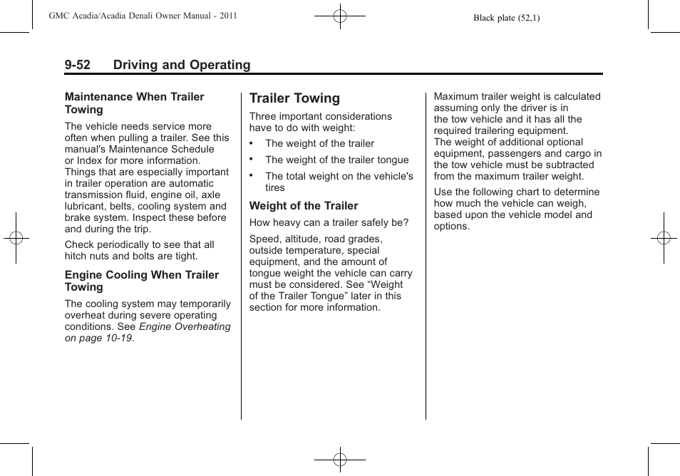 Trailer towing, Trailer towing -52, 52 driving and operating | GMC 2011 Acadia User Manual | Page 324 / 478