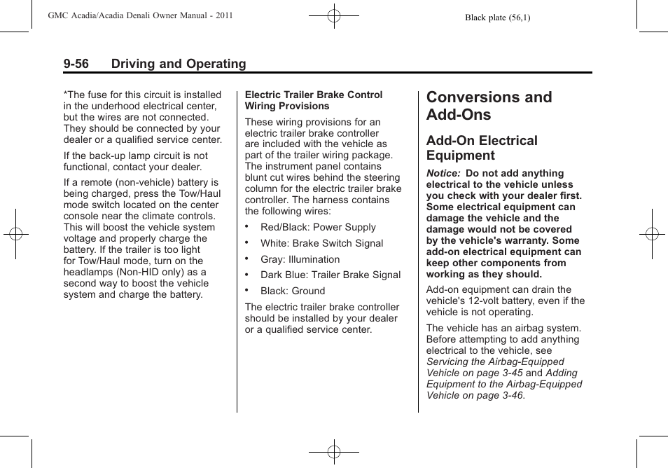 Conversions and add-ons, Add-on electrical equipment, And add-ons -56 | Add-on electrical, Equipment -56, 56 driving and operating | GMC 2011 Acadia User Manual | Page 328 / 478