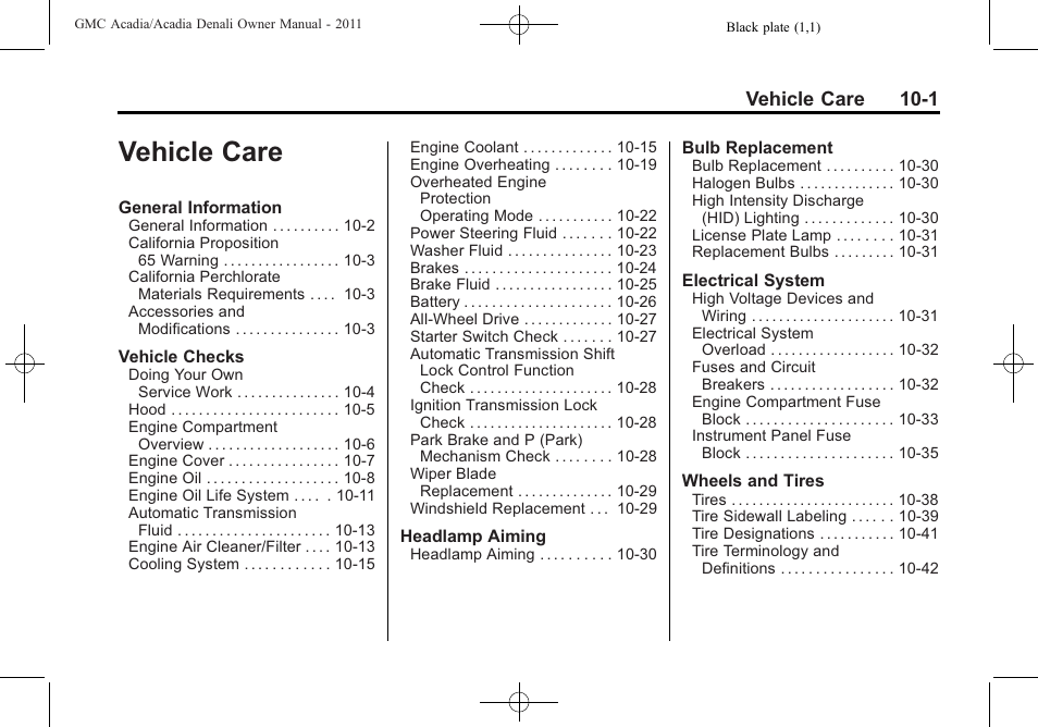 Vehicle care, Vehicle care -1, Vehicle care 10-1 | GMC 2011 Acadia User Manual | Page 329 / 478