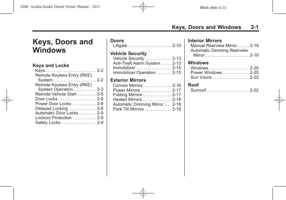 Keys, doors and windows, Keys, doors and windows -1 | GMC 2011 Acadia User Manual | Page 33 / 478