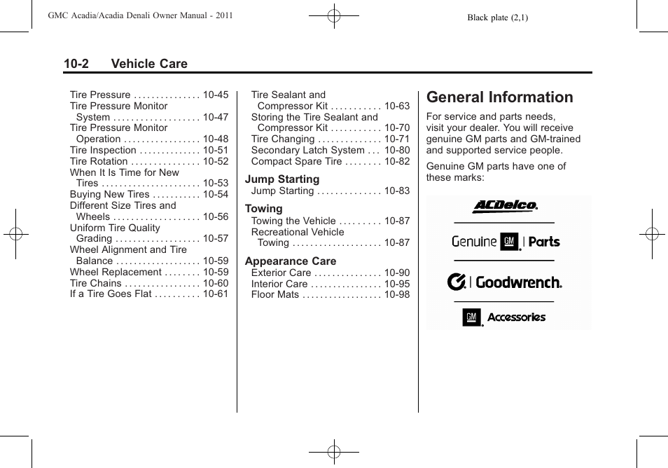 General information, General information -2, 2 vehicle care | GMC 2011 Acadia User Manual | Page 330 / 478