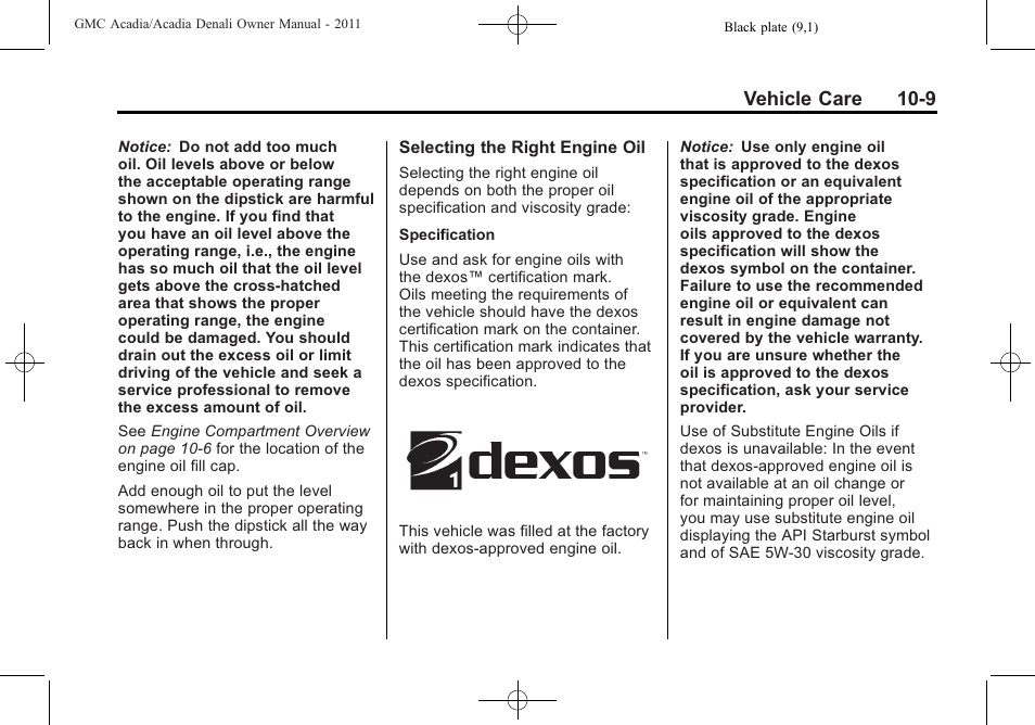 Vehicle care 10-9 | GMC 2011 Acadia User Manual | Page 337 / 478