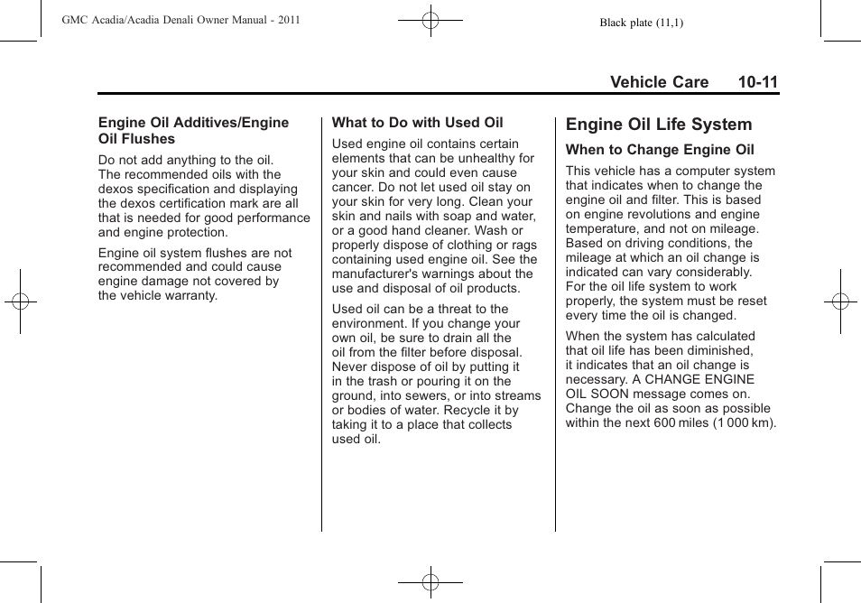 Engine oil life system, Engine oil life system -11 | GMC 2011 Acadia User Manual | Page 339 / 478