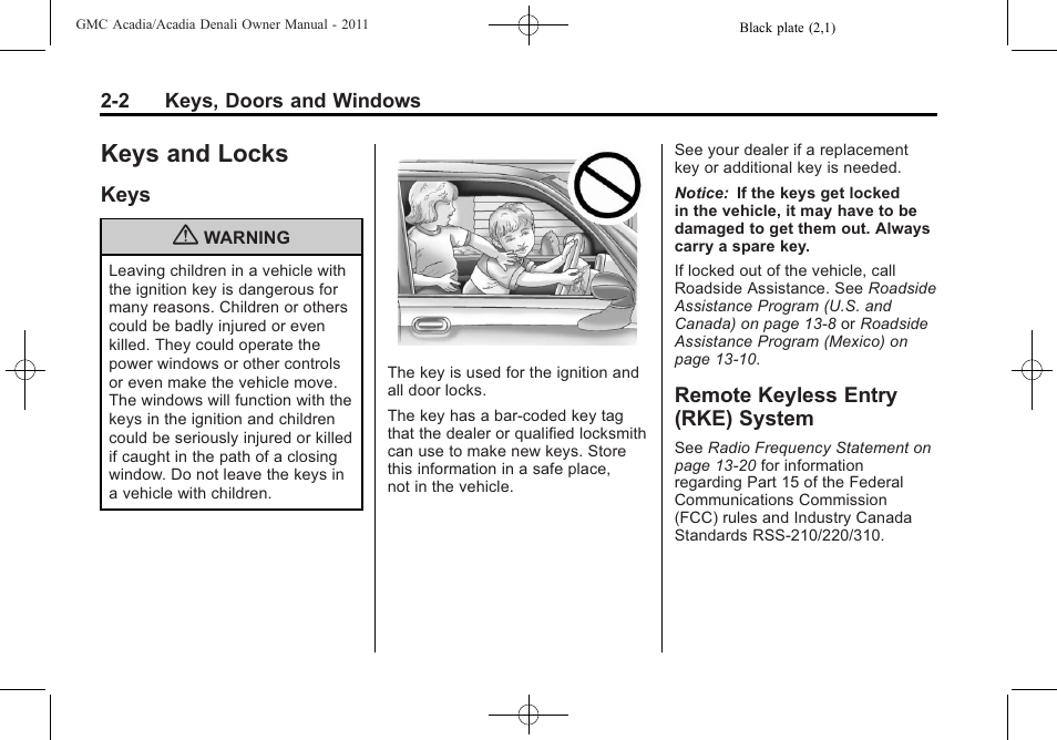 Keys and locks, Keys, Remote keyless entry (rke) system | Keys and locks -2, Indicators, Keys -2 remote keyless entry (rke), System -2 | GMC 2011 Acadia User Manual | Page 34 / 478