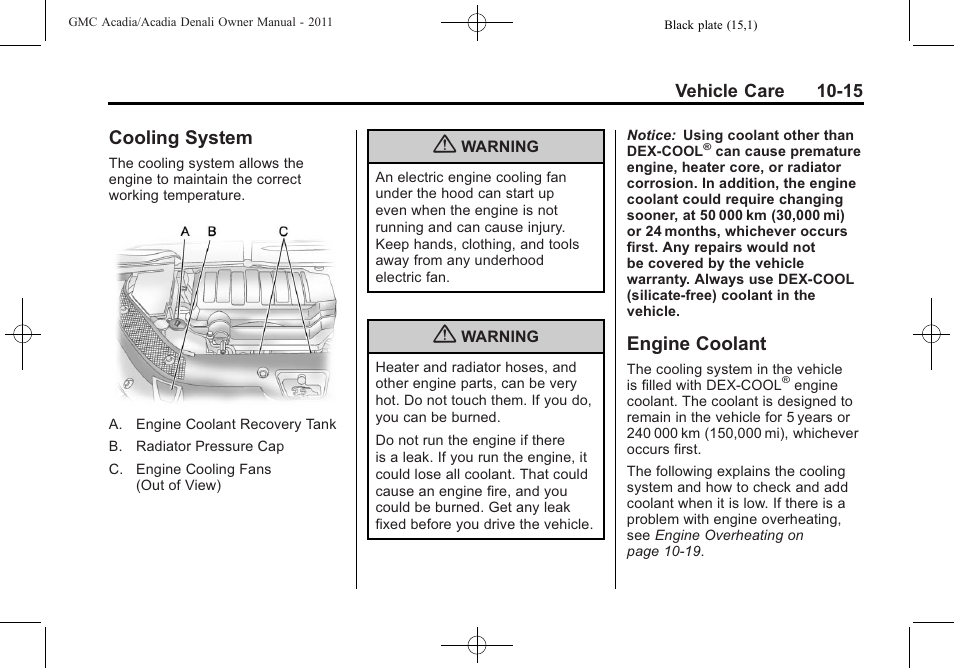 Cooling system, Engine coolant, Cooling system -15 | Engine coolant -15, Bulb replacemen | GMC 2011 Acadia User Manual | Page 343 / 478