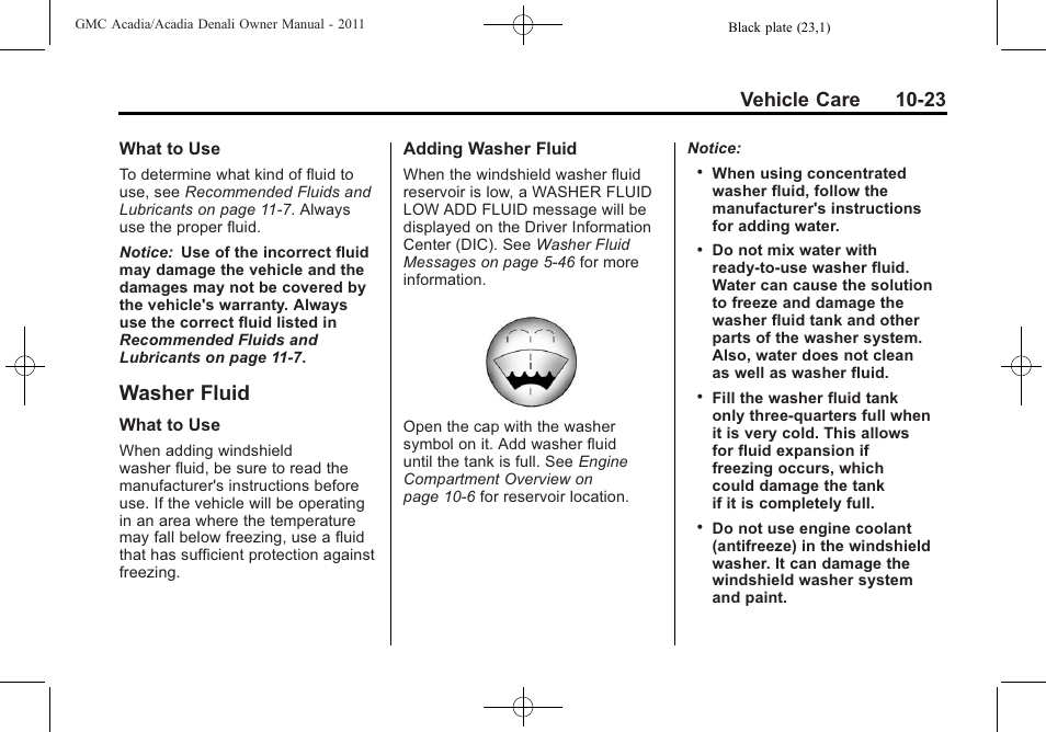 Washer fluid, Washer fluid -23, Replacement | Vehicle care 10-23 | GMC 2011 Acadia User Manual | Page 351 / 478