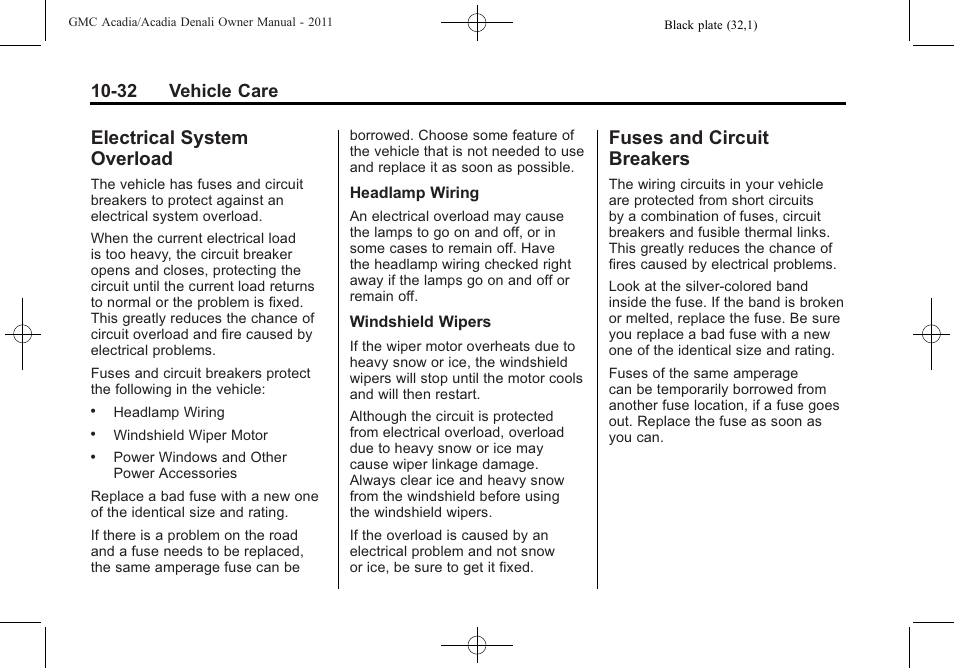 Electrical system overload, Fuses and circuit breakers, Electrical system | Overload -32, Fuses and circuit, Breakers -32, 32 vehicle care | GMC 2011 Acadia User Manual | Page 360 / 478