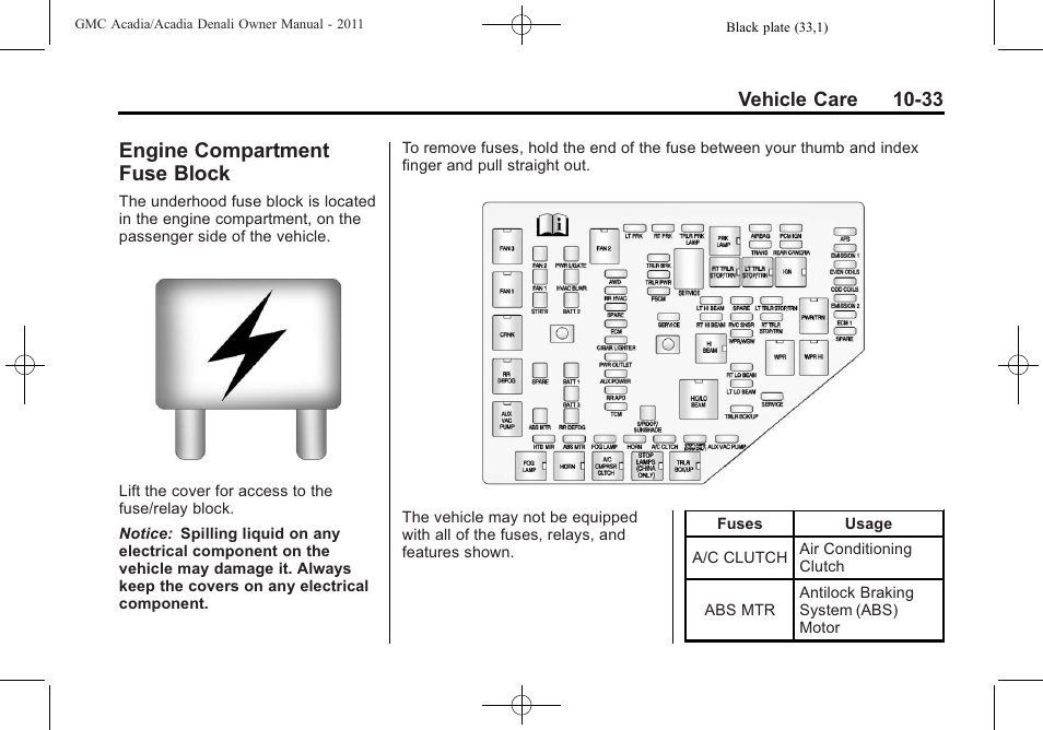 Engine compartment fuse block, Engine compartment fuse, Block -33 | GMC 2011 Acadia User Manual | Page 361 / 478