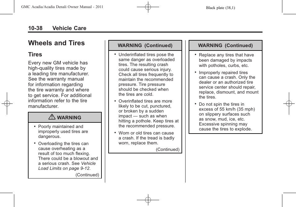 Wheels and tires, Tires, Wheels and tires -38 | Technical data -1, Tires -38, 38 vehicle care | GMC 2011 Acadia User Manual | Page 366 / 478