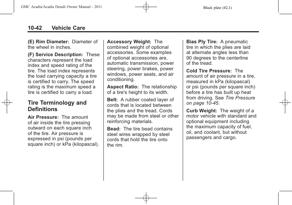 Tire terminology and definitions, Tire terminology and, Definitions -42 | GMC 2011 Acadia User Manual | Page 370 / 478