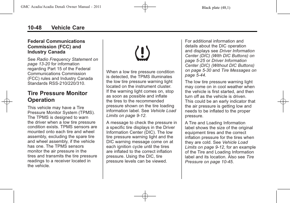 Tire pressure monitor operation, Tire pressure monitor, Operation -48 | GMC 2011 Acadia User Manual | Page 376 / 478