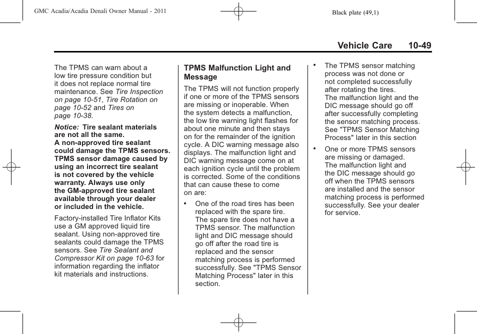 Vehicle care 10-49 | GMC 2011 Acadia User Manual | Page 377 / 478