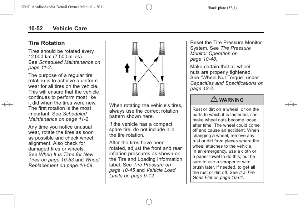 Tire rotation, Tire rotation -52 | GMC 2011 Acadia User Manual | Page 380 / 478