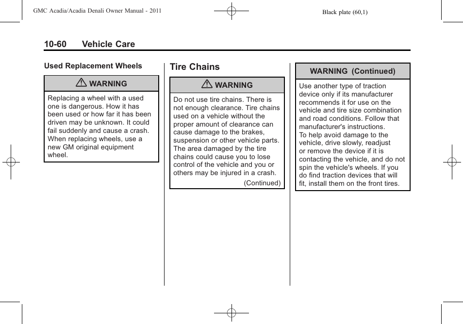 Tire chains, Tire chains -60 | GMC 2011 Acadia User Manual | Page 388 / 478