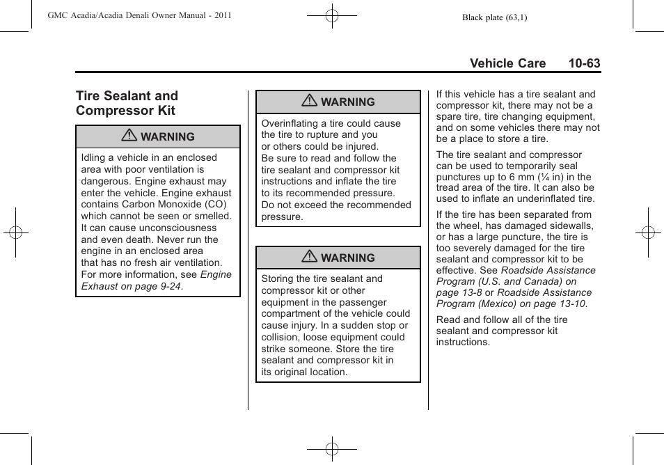 Tire sealant and compressor kit, Ire sealant and, Compressor kit -63 | GMC 2011 Acadia User Manual | Page 391 / 478