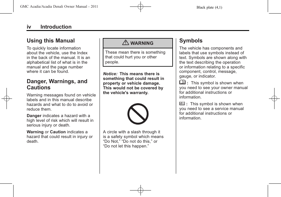 Using this manual, Danger, warnings, and cautions, Symbols | GMC 2011 Acadia User Manual | Page 4 / 478