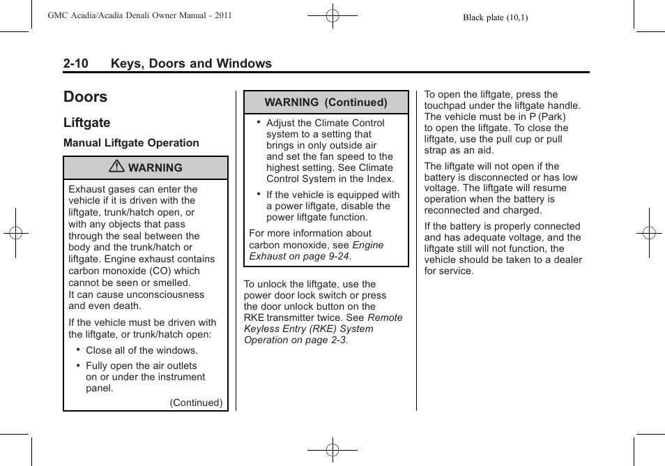 Doors, Liftgate, Doors -10 | Information, Liftgate -10, Manual, 10 keys, doors and windows | GMC 2011 Acadia User Manual | Page 42 / 478