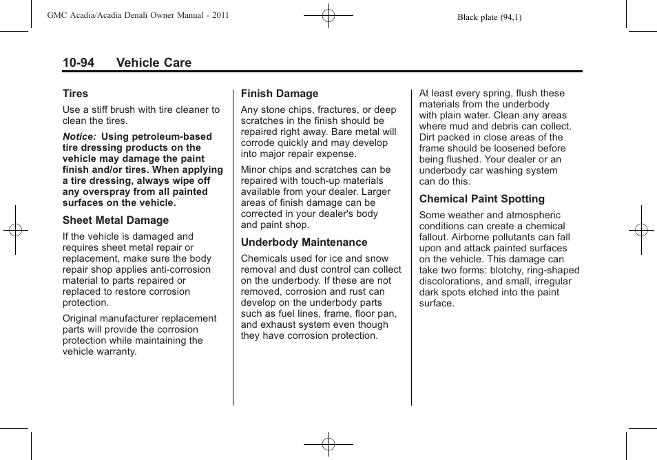 94 vehicle care | GMC 2011 Acadia User Manual | Page 422 / 478