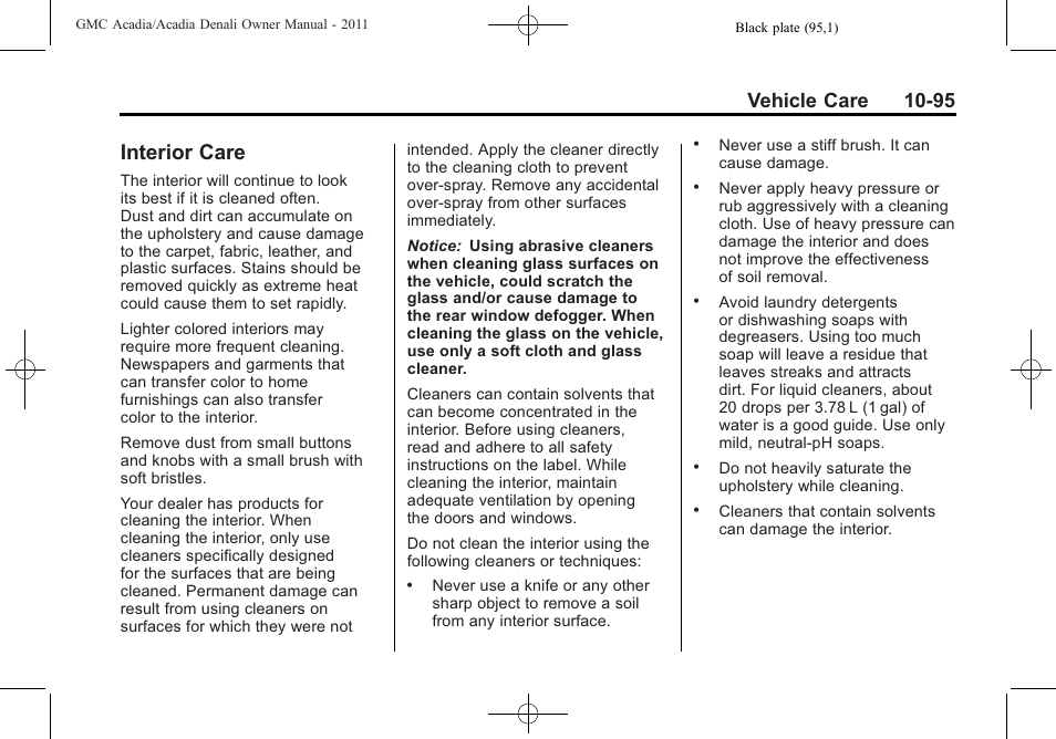 Interior care, Interior care -95, Vehicle care 10-95 | GMC 2011 Acadia User Manual | Page 423 / 478