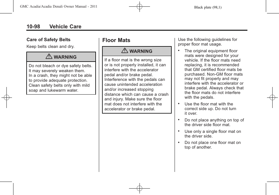 Floor mats, Floor mats -98, 98 vehicle care | GMC 2011 Acadia User Manual | Page 426 / 478