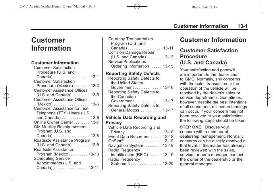 Customer information, Customer satisfaction procedure (u.s. and canada), Customer information -1 | Customer information 13-1 | GMC 2011 Acadia User Manual | Page 445 / 478