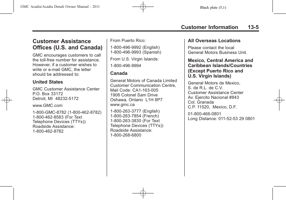 Customer assistance offices (u.s. and canada), Customer assistance offices, U.s. and canada) -5 | GMC 2011 Acadia User Manual | Page 449 / 478