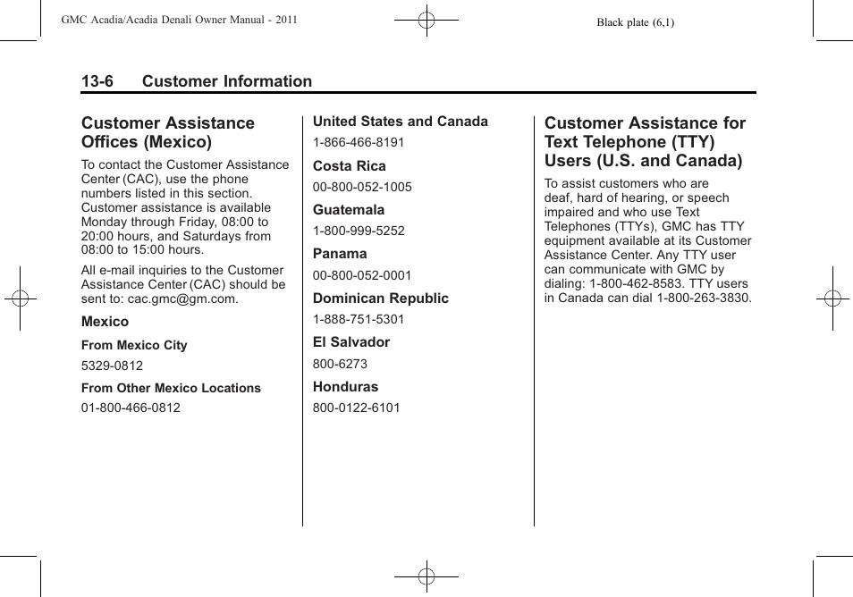 Customer assistance offices (mexico), Customer assistance offices, Mexico) -6 | Customer assistance for text, Telephone (tty) users (u.s. and canada) -6, Reporting safety | GMC 2011 Acadia User Manual | Page 450 / 478