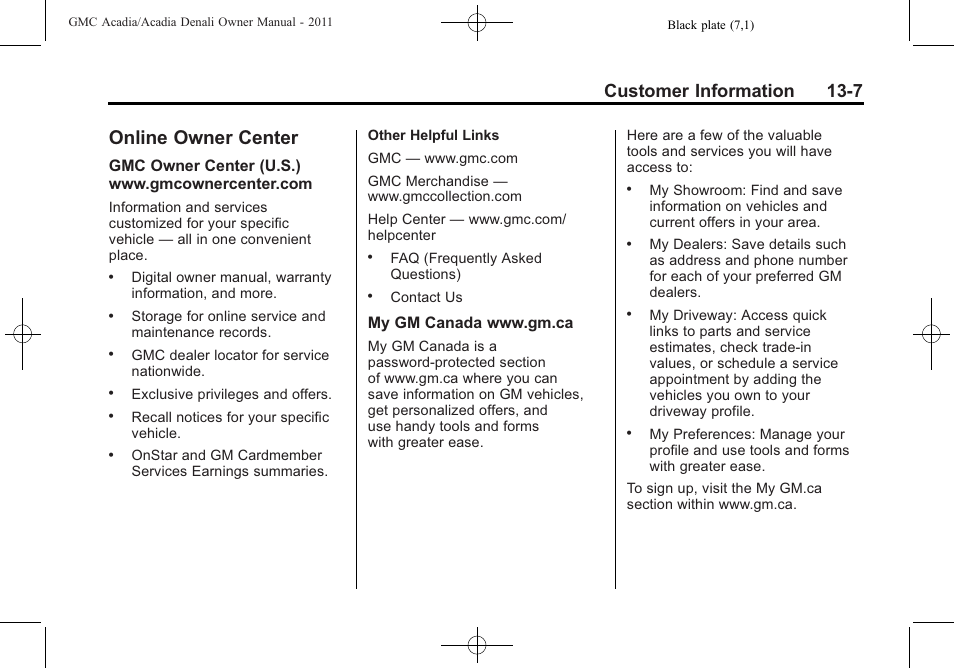 Online owner center, Online owner center -7, Privacy | Customer information 13-7 | GMC 2011 Acadia User Manual | Page 451 / 478