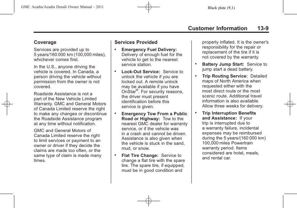 Customer information 13-9 | GMC 2011 Acadia User Manual | Page 453 / 478