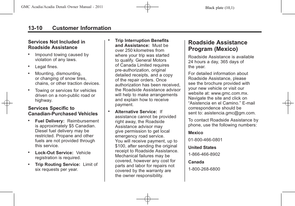 Roadside assistance program (mexico), Roadside assistance, Program (mexico) -10 | 10 customer information | GMC 2011 Acadia User Manual | Page 454 / 478