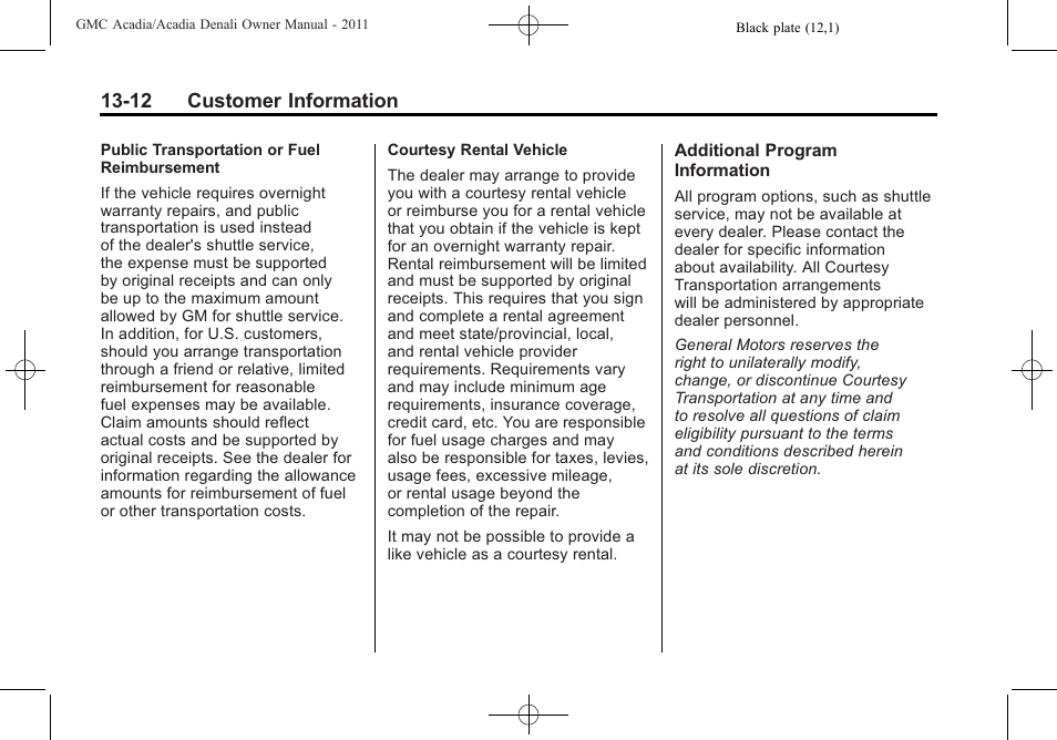 12 customer information | GMC 2011 Acadia User Manual | Page 456 / 478