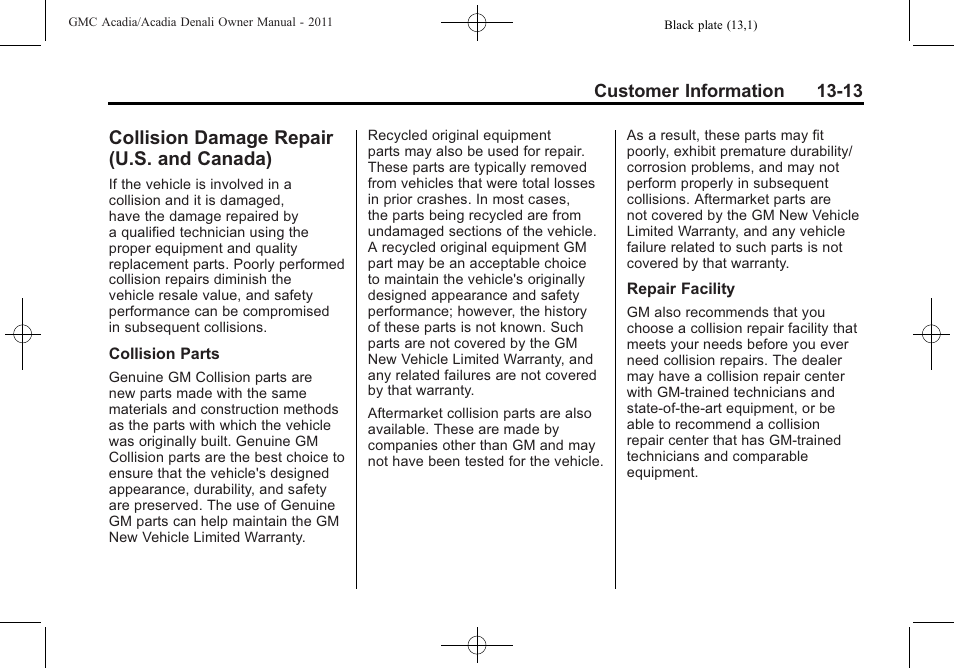 Collision damage repair (u.s. and canada), Collision damage repair, U.s. and canada) -13 | Procedure | GMC 2011 Acadia User Manual | Page 457 / 478