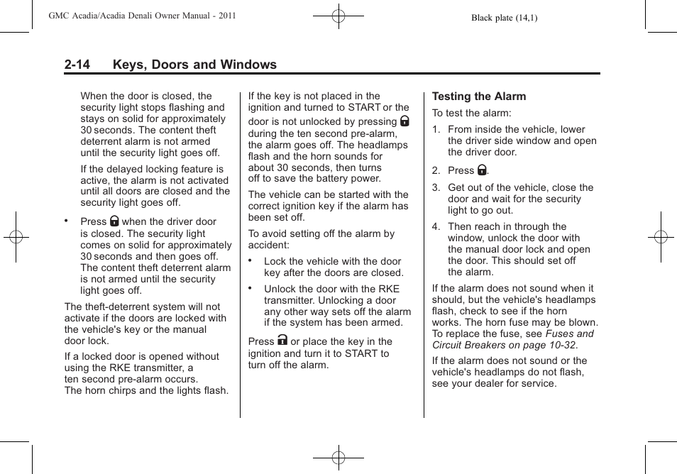 14 keys, doors and windows | GMC 2011 Acadia User Manual | Page 46 / 478