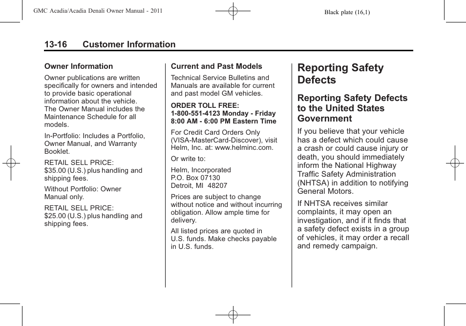 Reporting safety defects, Reporting safety defects -16, Reporting safety defects to | The united states government -16 | GMC 2011 Acadia User Manual | Page 460 / 478