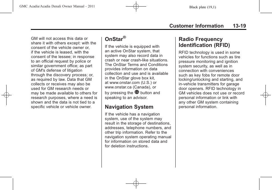 Onstar, Navigation system, Radio frequency identification (rfid) | System -19 radio frequency, Identification (rfid) -19 | GMC 2011 Acadia User Manual | Page 463 / 478