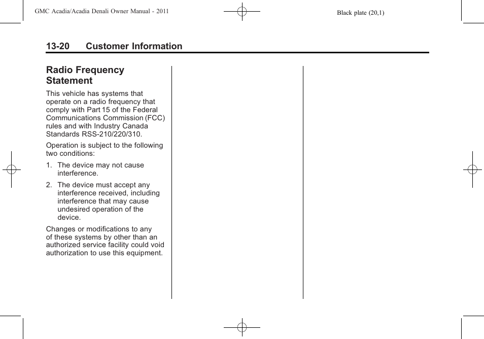 Radio frequency statement, Radio frequency, Statement -20 | GMC 2011 Acadia User Manual | Page 464 / 478