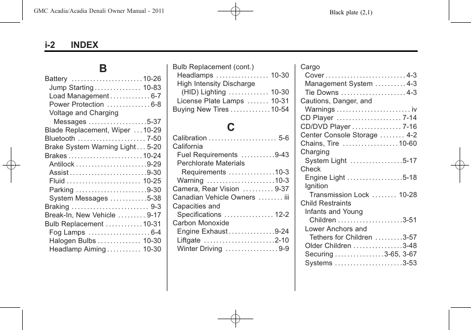 Index_b, Index_c, I-2 index | GMC 2011 Acadia User Manual | Page 466 / 478