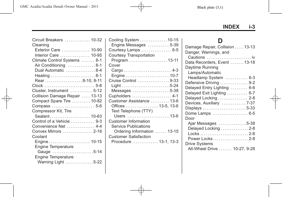 Index_d, Index i-3 | GMC 2011 Acadia User Manual | Page 467 / 478