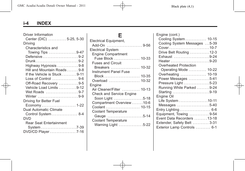 Index_e, I-4 index | GMC 2011 Acadia User Manual | Page 468 / 478