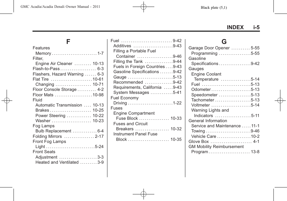 Index_f, Index_g, Index i-5 | GMC 2011 Acadia User Manual | Page 469 / 478