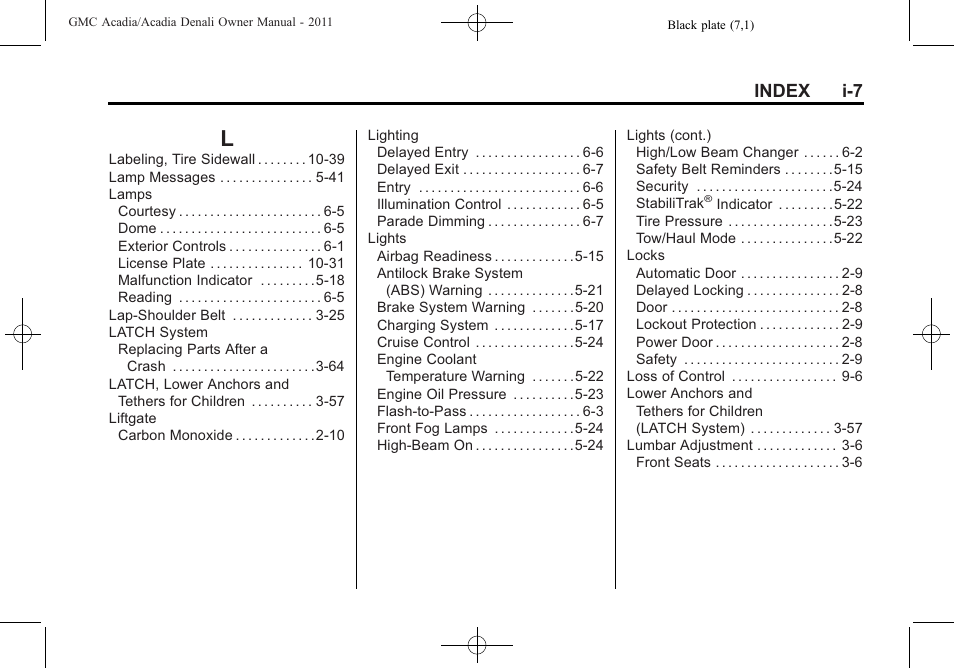 Index_l, Index i-7 | GMC 2011 Acadia User Manual | Page 471 / 478