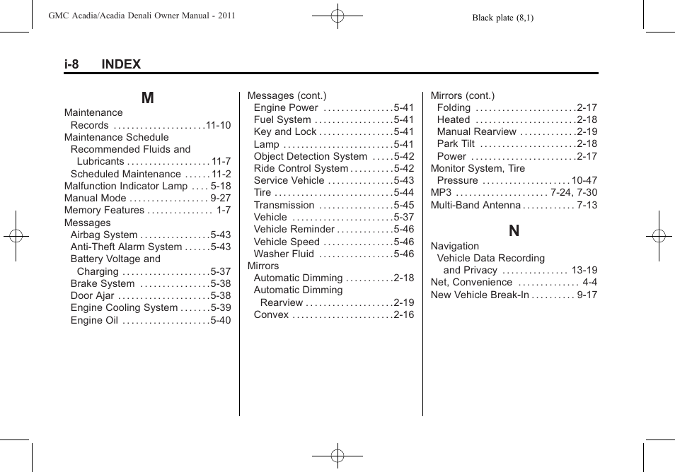 Index_m, Index_n | GMC 2011 Acadia User Manual | Page 472 / 478