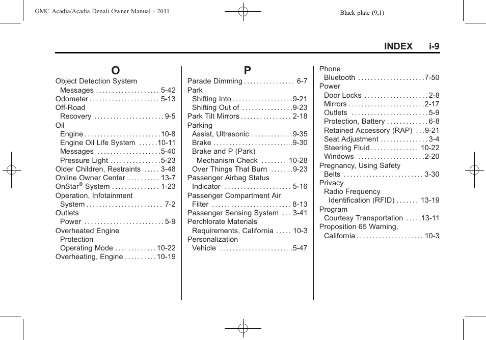 Index_o, Index_p, Index i-9 | GMC 2011 Acadia User Manual | Page 473 / 478