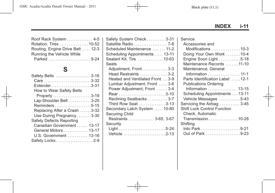 Index_s, Index i-11 | GMC 2011 Acadia User Manual | Page 475 / 478