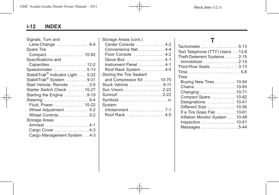 Index_t, I-12 index | GMC 2011 Acadia User Manual | Page 476 / 478