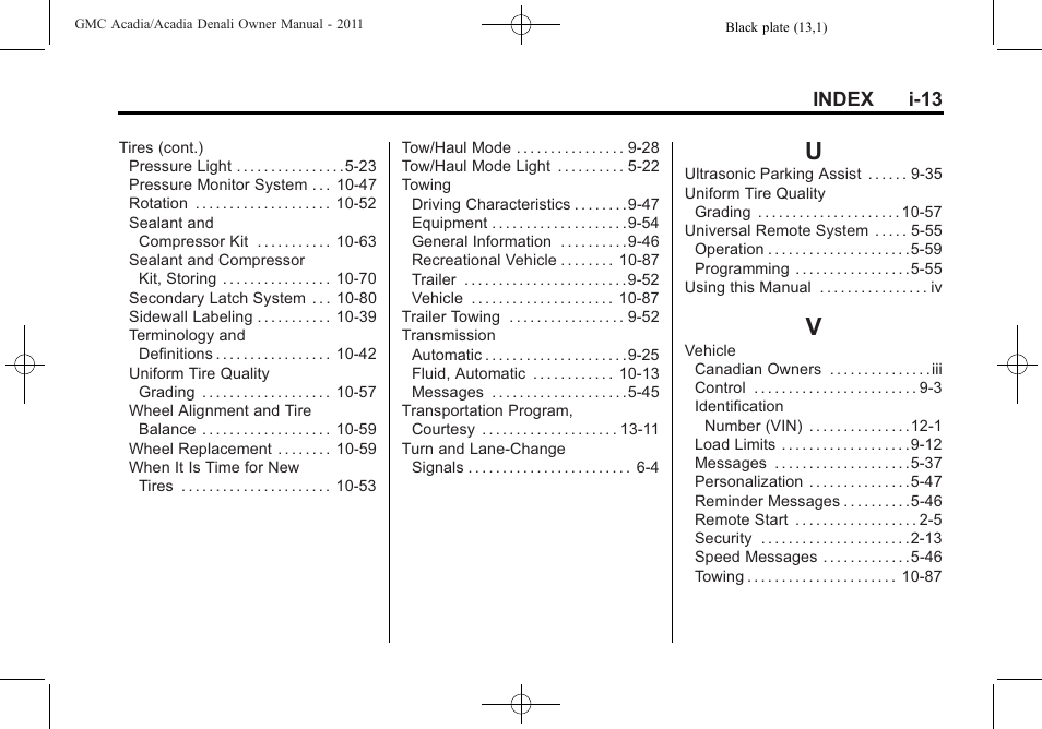 Index_u, Index_v | GMC 2011 Acadia User Manual | Page 477 / 478